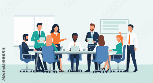 Diverse professionals in a meeting room, collaborating and discussing ideas around a table