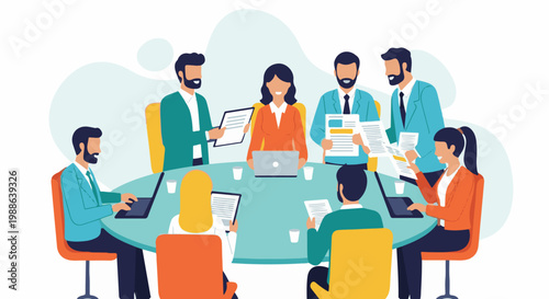 Diverse team of professionals in a meeting, collaborating around a table with laptops and papers