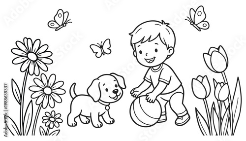A young boy and his dog playing outside with flowers and butterflies