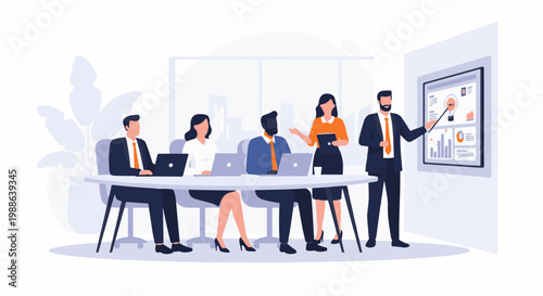 Team meeting a presentation is given on a screen, while people sit at a table with laptops