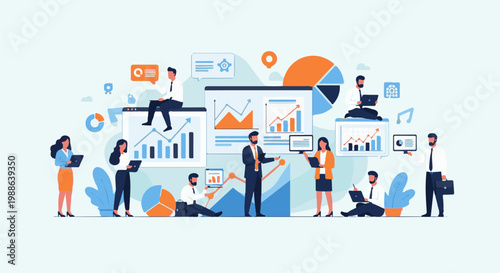 Business professionals collaborate on data analysis and charts in a modern office setting