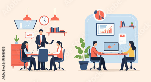 Office workers collaborate in two separate work areas, one with a meeting and another with individual desks