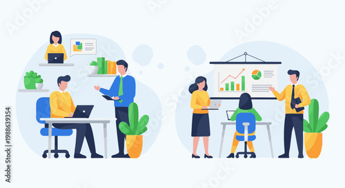 Office colleagues collaborate and present data in a modern workspace