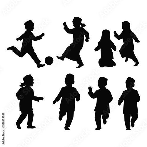 A group of children playing soccer in black silhouettes on a white background