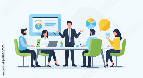 Business meeting with charts and diverse team members collaborating around a table