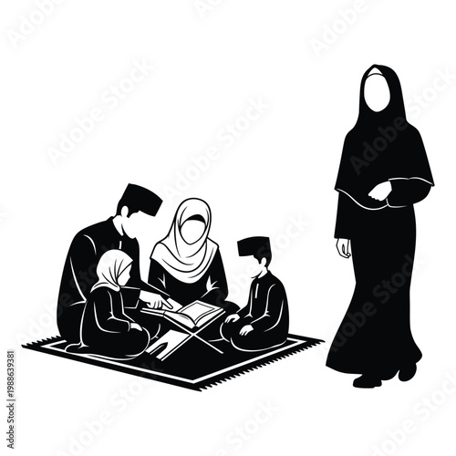 A Muslim family is gathered together for a reading session on a mat