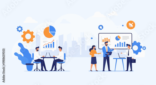 Diverse team collaborates on data analysis with charts and graphs displayed