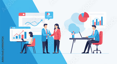 Business professionals collaborate and analyze data in a modern office setting with charts and graphs