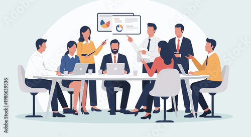 Team collaborates around a table, discussing charts and data on laptops and presentations