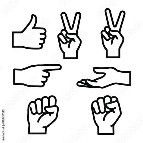 A set of hand gestures drawn in black lines on a white background