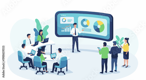 Business meeting with presentation on large screen, people using laptops and tablets