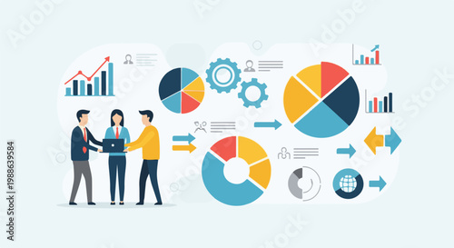 Business team analyzing data with charts, graphs, and gears