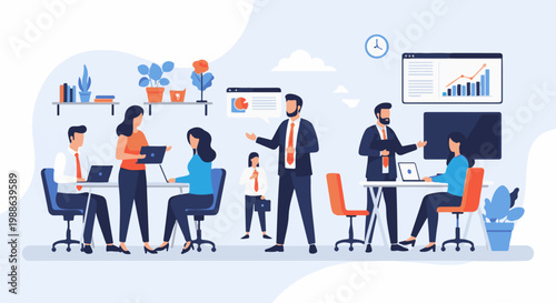 Business professionals collaborate and present data in a modern office setting (1)