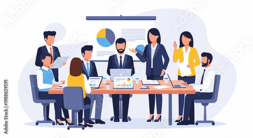 Business professionals in a meeting, discussing charts on a projector