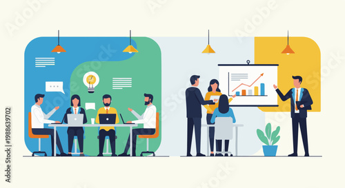 Business meeting and presentation, discussing ideas and growth with teamwork