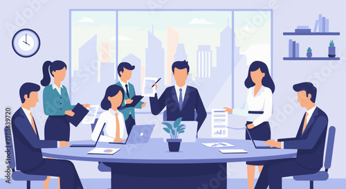 Team meeting in a modern office with city view