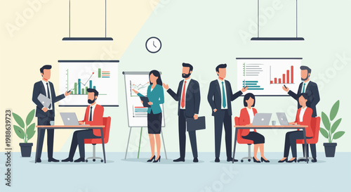 Professionals collaborating and presenting data in a modern office setting with charts