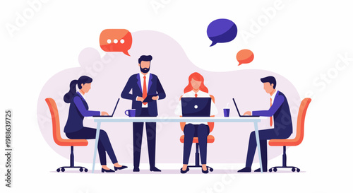 Professionals collaborate at a table with laptops and chat bubbles overhead