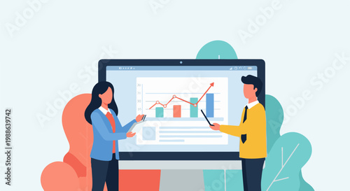 Two professionals analyze an upward trending graph on a large digital screen