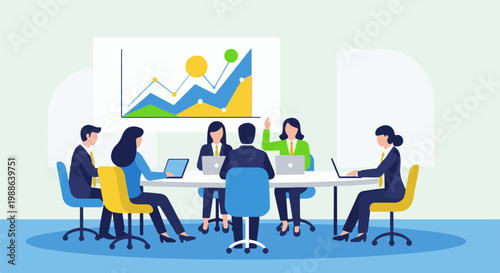 Business team collaborates around a table, analyzing a chart with laptops open