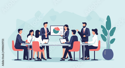 Professionals collaborate in a meeting, discussing data presentation