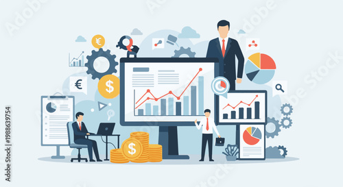 Business professionals analyze financial data and growth charts with stacks of coins