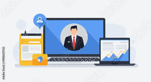 Digital business tools showcase laptops, charts, and professional profile