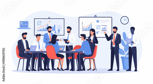 Business meeting with charts and people discussing work