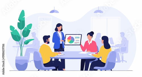 A group of people attend a meeting, with one person presenting a pie chart on a tablet