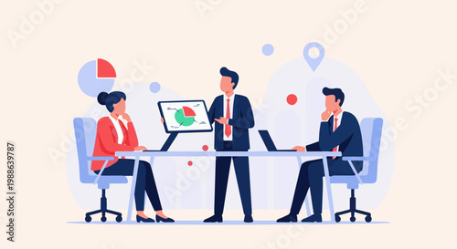 Business meeting with a presenter showing a pie chart on a tablet to colleagues