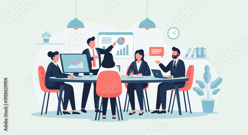 Diverse professionals in a modern office collaborate around a conference table discussing growth charts