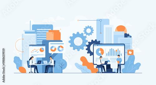 Business analysis and data visualization with people collaborating amidst stylized city buildings and gears