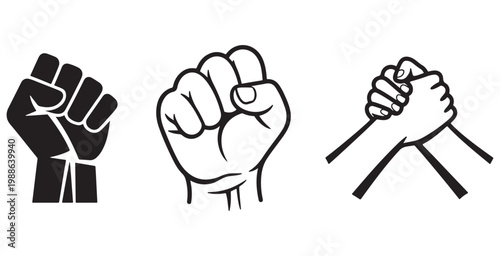 Clenched Fist and Handshake Icon Set - Unity Strength and Solidarity Vector Illustration