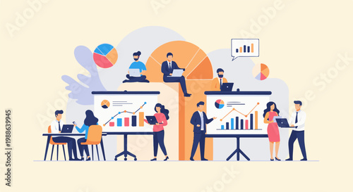Business professionals collaborate on data analysis and presentations with charts and laptops