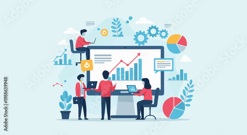 Team collaborates on financial data analysis with charts and graphs on a monitor
