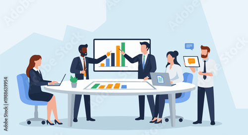 Business team collaborating around a table, presenting charts and using laptops and tablets