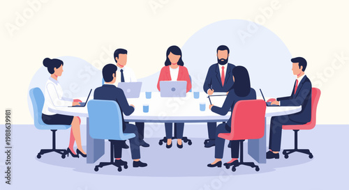 A diverse team of professionals collaborate around a table with laptops, in a modern office setting