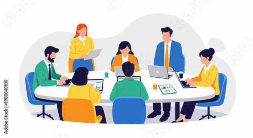 Diverse professionals collaborate around a table, engaged in discussion and using technology