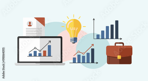 A flat graphic illustrating business growth, featuring a laptop, charts, a lightbulb, and a briefcase