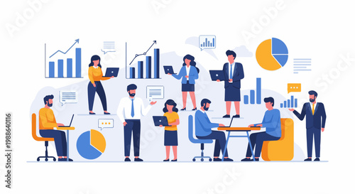 Diverse professionals collaborate on business growth and data analysis using technology