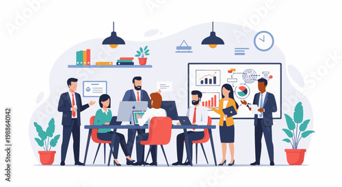 Business people collaborating in an office setting, presenting data and ideas