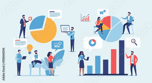 Diverse team collaborates with charts, graphs, and data visualization tools