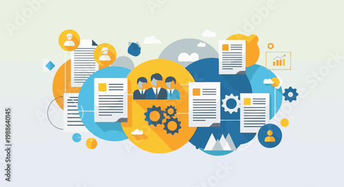 Business team collaboration with documents, gears, and data visualization icons