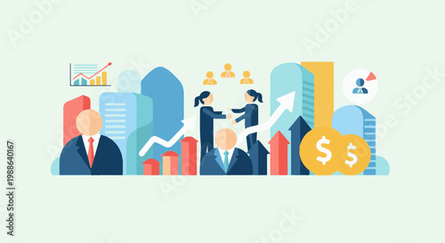 Business collaboration and financial growth depicted with abstract figures and urban skyline
