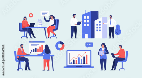 Diverse office workers collaborate on projects and analyze data in stylized illustration