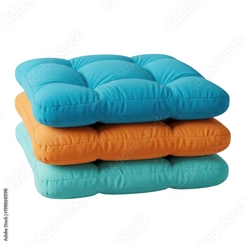 Stack of three colorful tufted outdoor cushions in vibrant hues isolated on transparent background