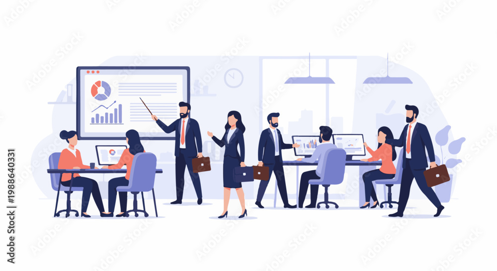 Fototapeta premium Professionals collaborate and present data in a modern office setting with a large screen display