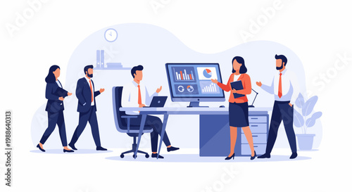 Professionals collaborating around a computer displaying analytics in an office setting