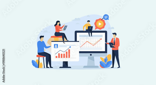Diverse professionals analyze charts on monitors, collaborating with laptops