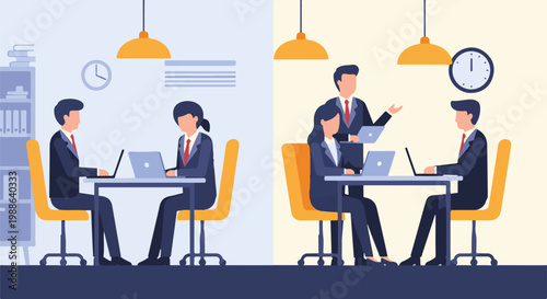 Diverse professionals collaborate in modern office settings, utilizing technology for productivity